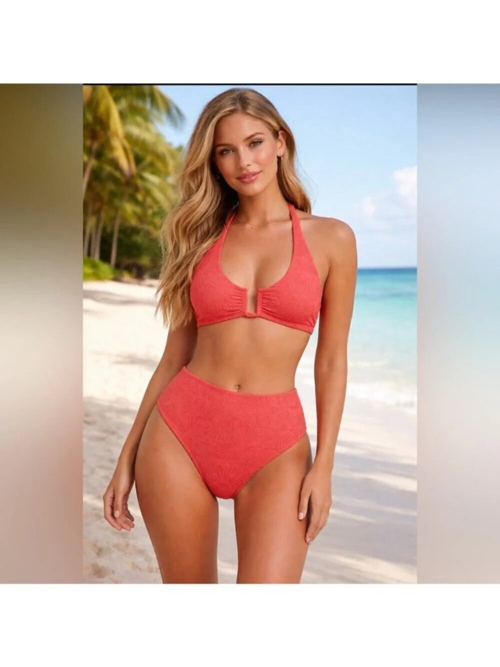 Berlook U Cross Strappy Orange Seashell Textured Bikini Set Size L Large NEW